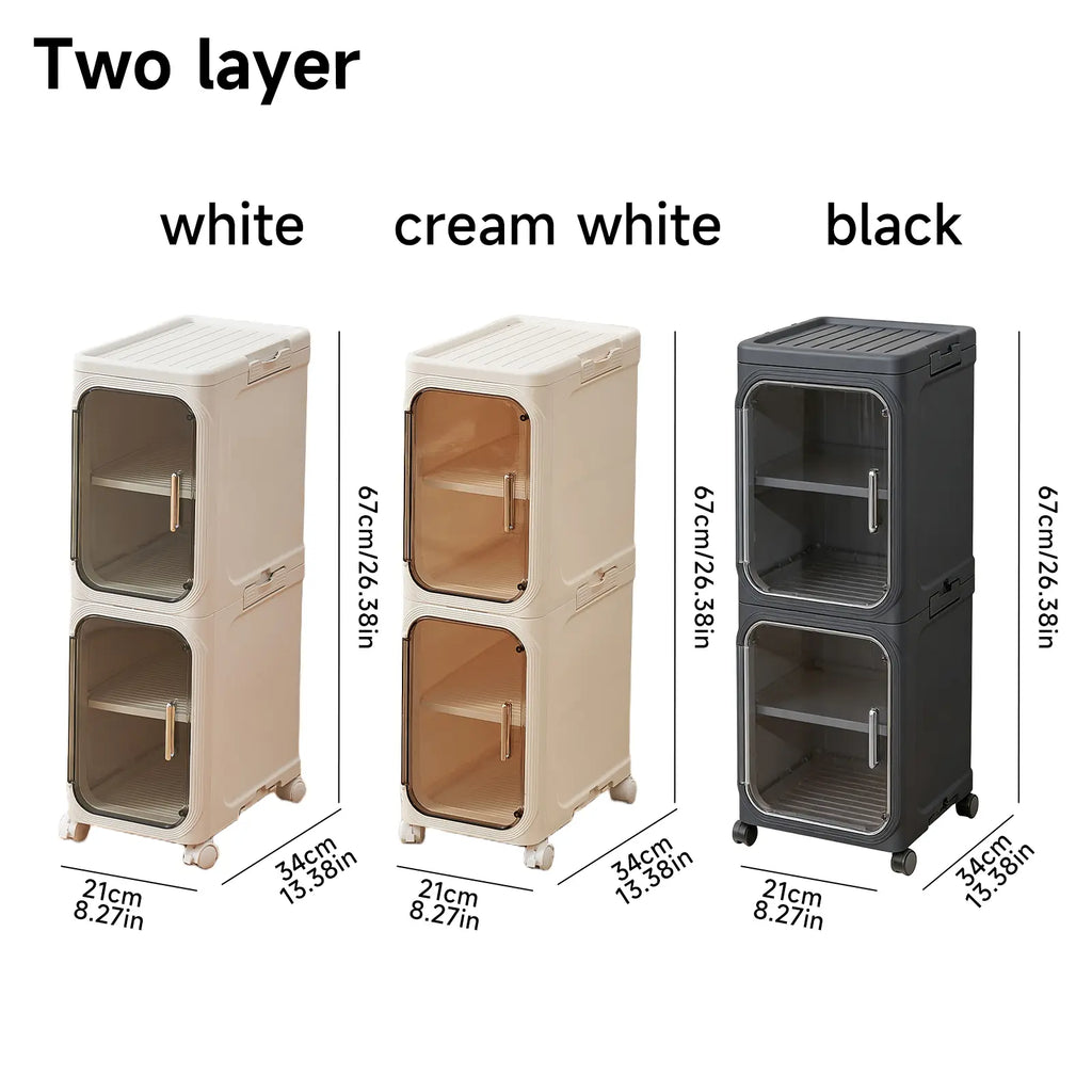 UFORU four-layer tall and narrow storage cabinet, made of plastic, with a slim design, doors and adjustable shelves, wheels, stackable and foldable, suitable for small spaces, bathrooms and kitchens.