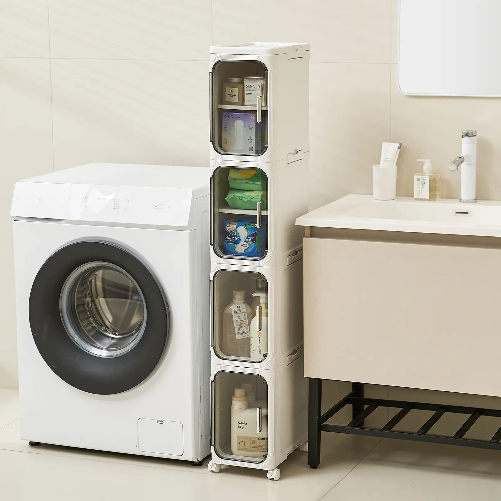 UFORU four-layer tall and narrow storage cabinet, made of plastic, with a slim design, doors and adjustable shelves, wheels, stackable and foldable, suitable for small spaces, bathrooms and kitchens.
