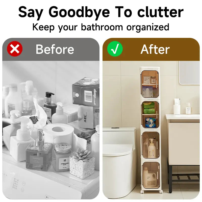 UFORU four-layer tall and narrow storage cabinet, made of plastic, with a slim design, doors and adjustable shelves, wheels, stackable and foldable, suitable for small spaces, bathrooms and kitchens.