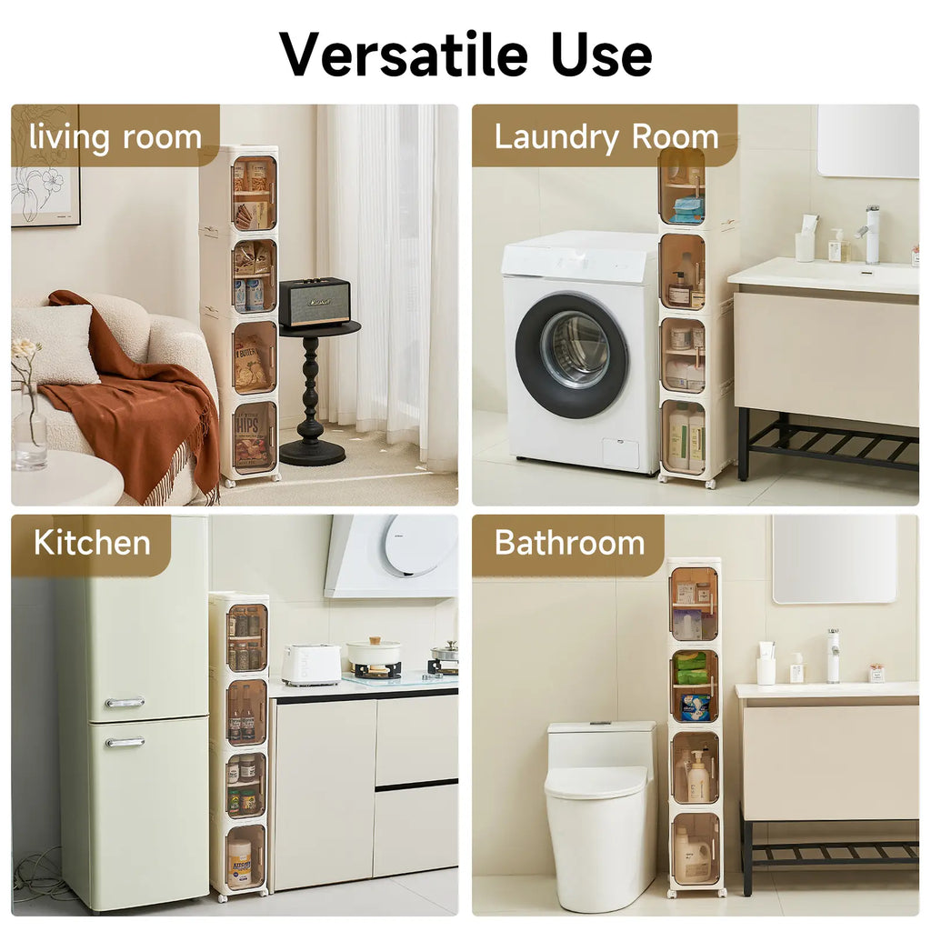 UFORU four-layer tall and narrow storage cabinet, made of plastic, with a slim design, doors and adjustable shelves, wheels, stackable and foldable, suitable for small spaces, bathrooms and kitchens.