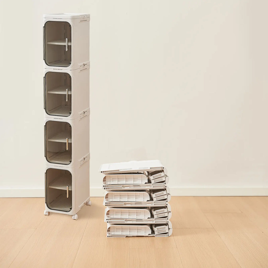 UFORU four-layer tall and narrow storage cabinet, made of plastic, with a slim design, doors and adjustable shelves, wheels, stackable and foldable, suitable for small spaces, bathrooms and kitchens.