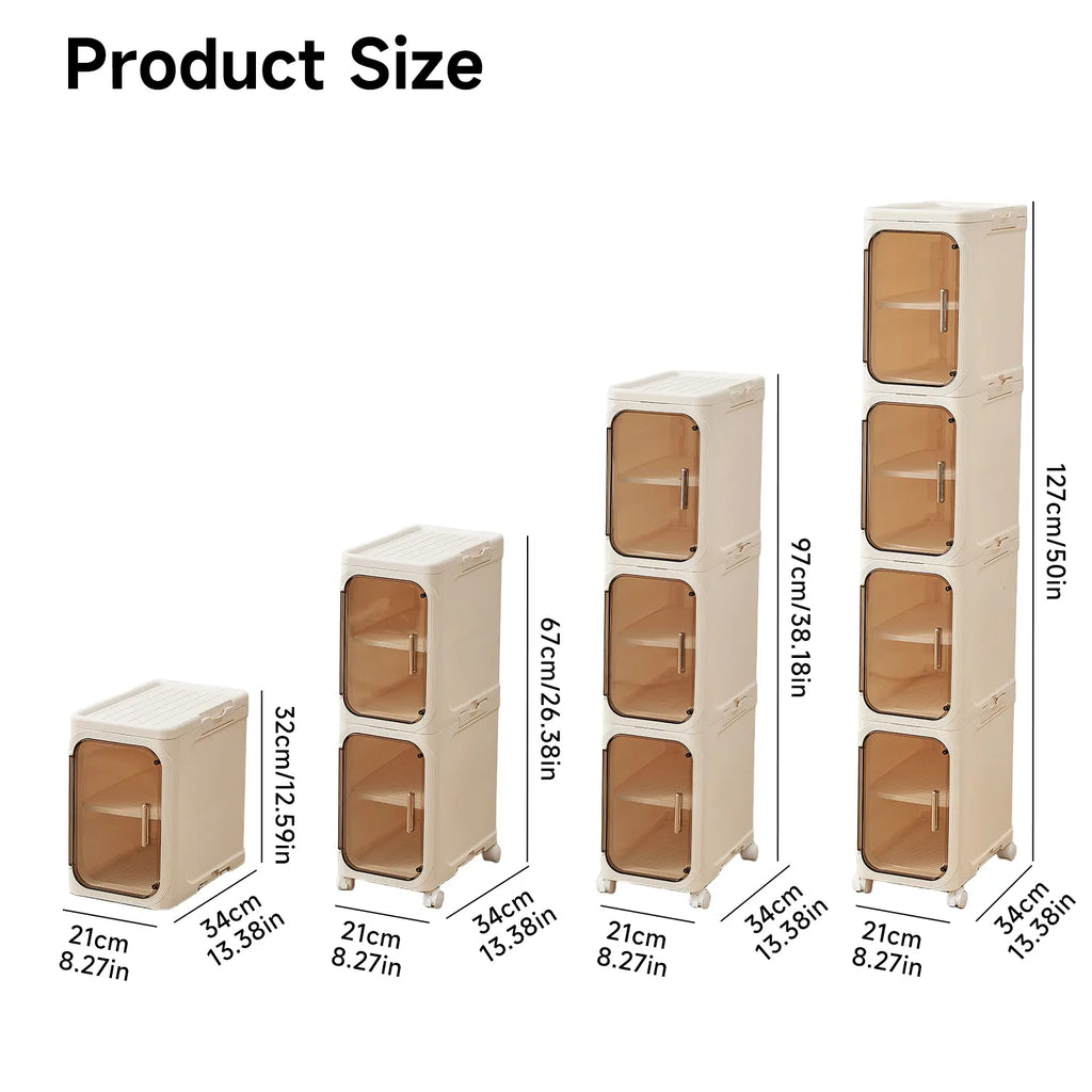 UFORU four-layer tall and narrow storage cabinet, made of plastic, with a slim design, doors and adjustable shelves, wheels, stackable and foldable, suitable for small spaces, bathrooms and kitchens.