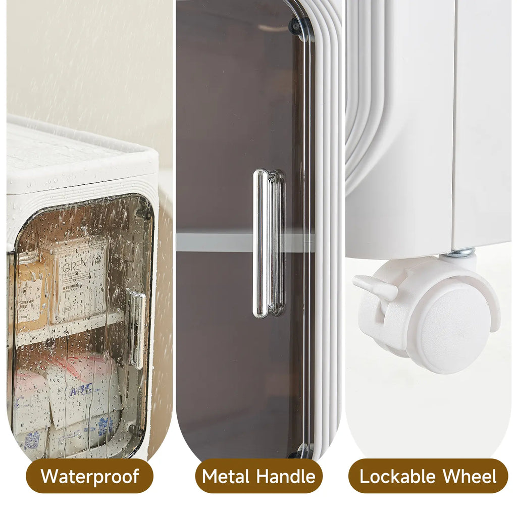 UFORU four-layer tall and narrow storage cabinet, made of plastic, with a slim design, doors and adjustable shelves, wheels, stackable and foldable, suitable for small spaces, bathrooms and kitchens.