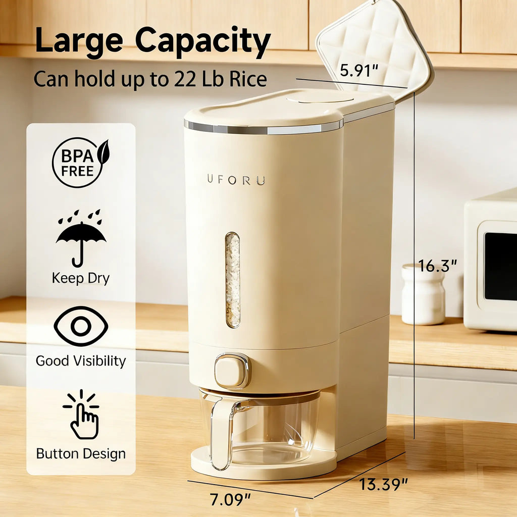 UFORU insect-proof airtight Rice Dispenser with Measuring Cups - Moisture-Resistant Plastic, Airtight Grain Storage Container for Soybeans, Corn & Cereals,pet food,cat food,dog food,suitable for kitchen and food storage room