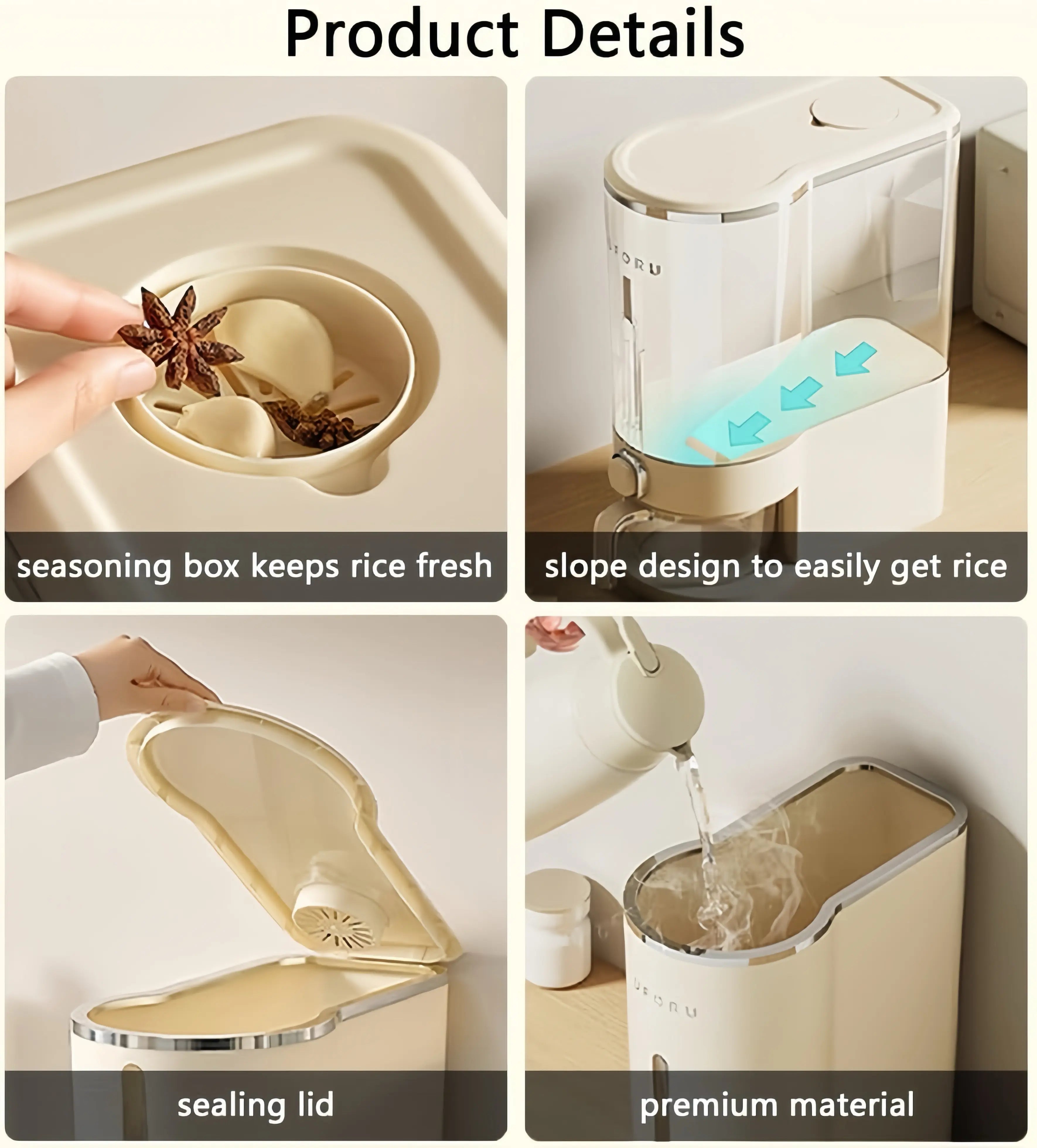 UFORU insect-proof airtight Rice Dispenser with Measuring Cups - Moisture-Resistant Plastic, Airtight Grain Storage Container for Soybeans, Corn & Cereals,pet food,cat food,dog food,suitable for kitchen and food storage room