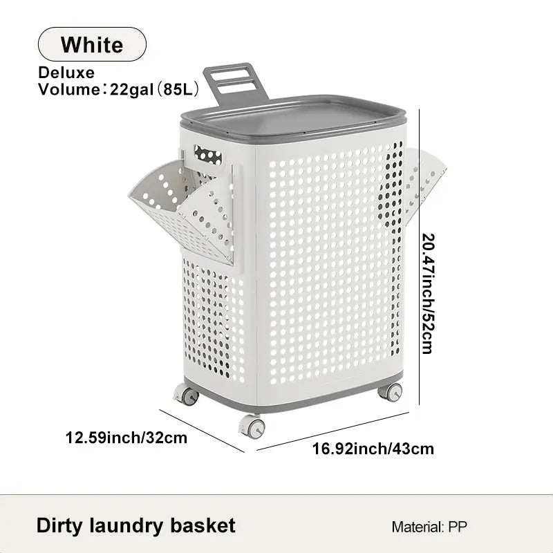 UFORU Laundry Basket with Wheels, White & Gray, Ventilated & Odor-Resistant, Portable Rolling Storage with Lid, Size Details in SKU Images, Assembly Guide in Main Image & Description