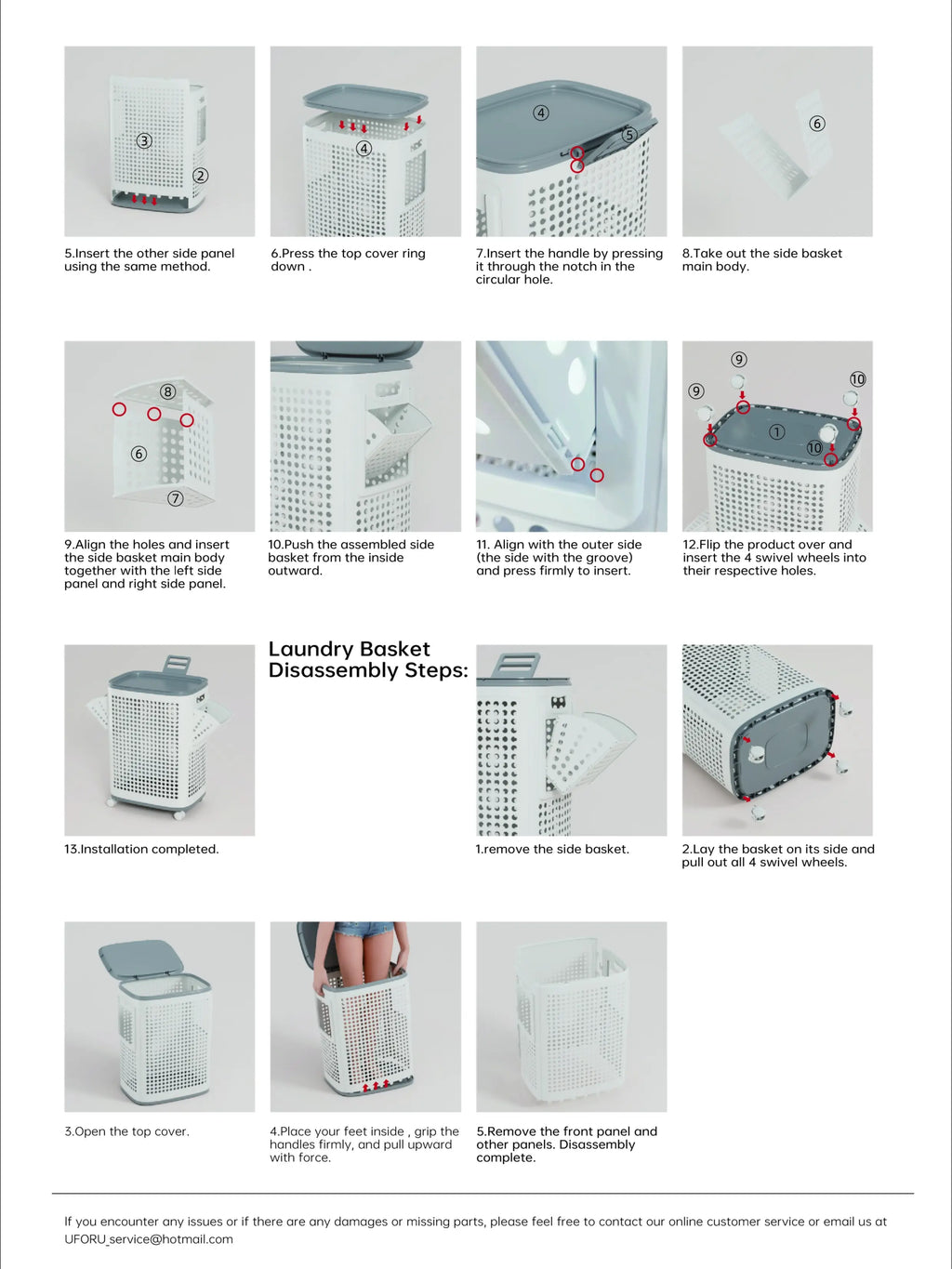 UFORU Laundry Basket with Wheels, White & Gray, Ventilated & Odor-Resistant, Portable Rolling Storage with Lid, Size Details in SKU Images, Assembly Guide in Main Image & Description