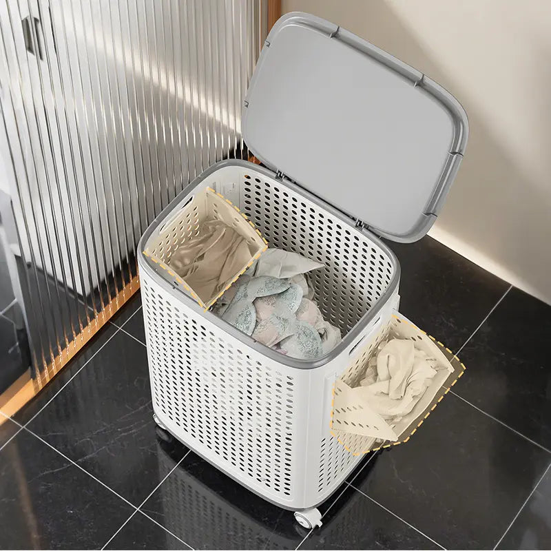 UFORU Laundry Basket with Wheels, White & Gray, Ventilated & Odor-Resistant, Portable Rolling Storage with Lid, Size Details in SKU Images, Assembly Guide in Main Image & Description
