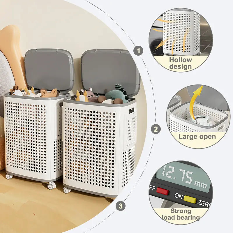 UFORU Laundry Basket with Wheels, White & Gray, Ventilated & Odor-Resistant, Portable Rolling Storage with Lid, Size Details in SKU Images, Assembly Guide in Main Image & Description