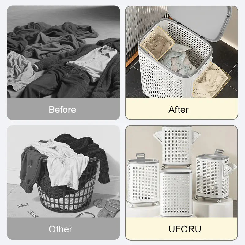 UFORU Laundry Basket with Wheels, White & Gray, Ventilated & Odor-Resistant, Portable Rolling Storage with Lid, Size Details in SKU Images, Assembly Guide in Main Image & Description