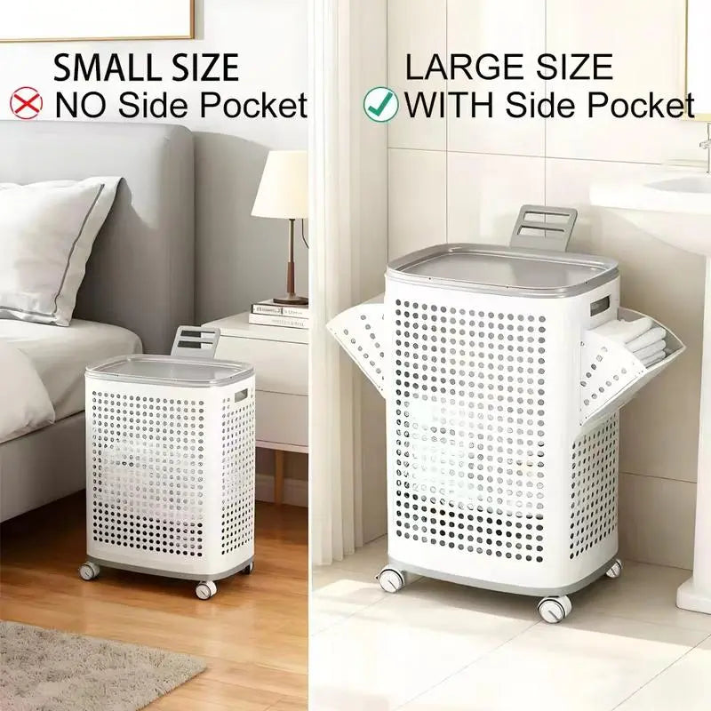 UFORU Laundry Basket with Wheels, White & Gray, Ventilated & Odor-Resistant, Portable Rolling Storage with Lid, Size Details in SKU Images, Assembly Guide in Main Image & Description