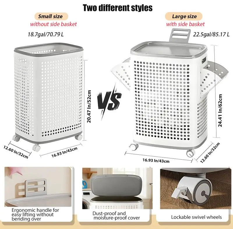 UFORU Laundry Basket with Wheels, White & Gray, Ventilated & Odor-Resistant, Portable Rolling Storage with Lid, Size Details in SKU Images, Assembly Guide in Main Image & Description